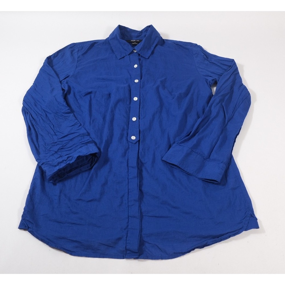 Style & Co Button Down Womens 10 Blue Cotton‎ Roll Tab Sleeve Casual Shirt Tunic
